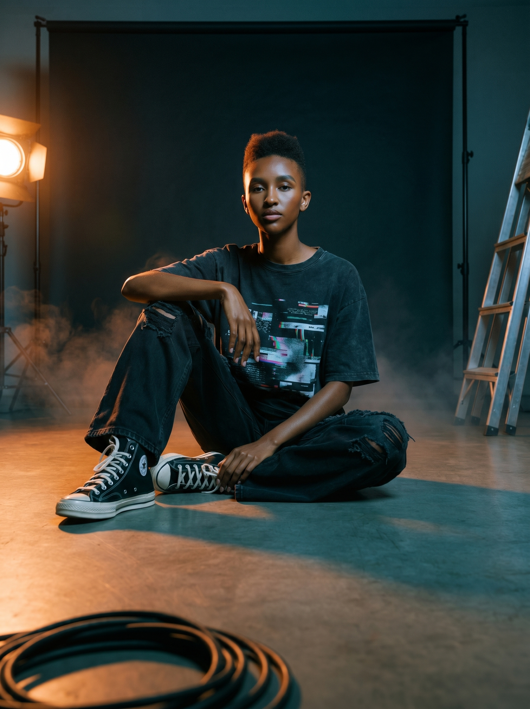 Model seated on studio floor in glitch-print tee and black denim, warm tungsten and cool blue.